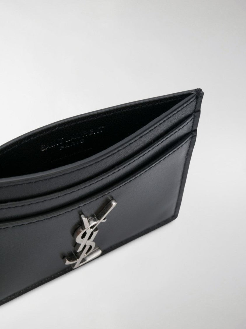 Saint Laurent Minimalist Black Calfskin Credit Cardholder With Logo Embellishment