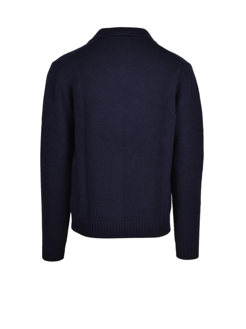 Aspesi Textured Knit Polo With Classic Collar In Deep Navy