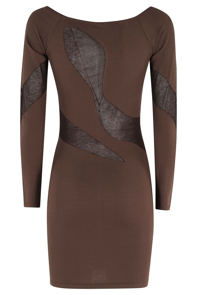 Federica Tosi Brown Semi-Sheer Inserts Boat-Neck Viscose Mini Dress
