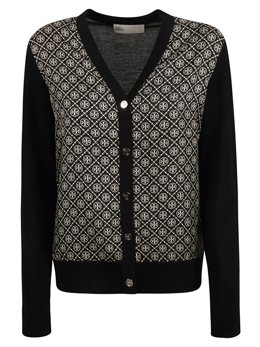 Tory Burch V-Neck Cardigan Sweater With Patterned Fabric