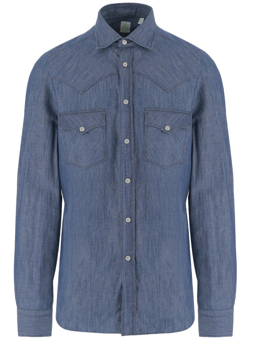 Finamore Dark Denim Cotton And Linen Shirt