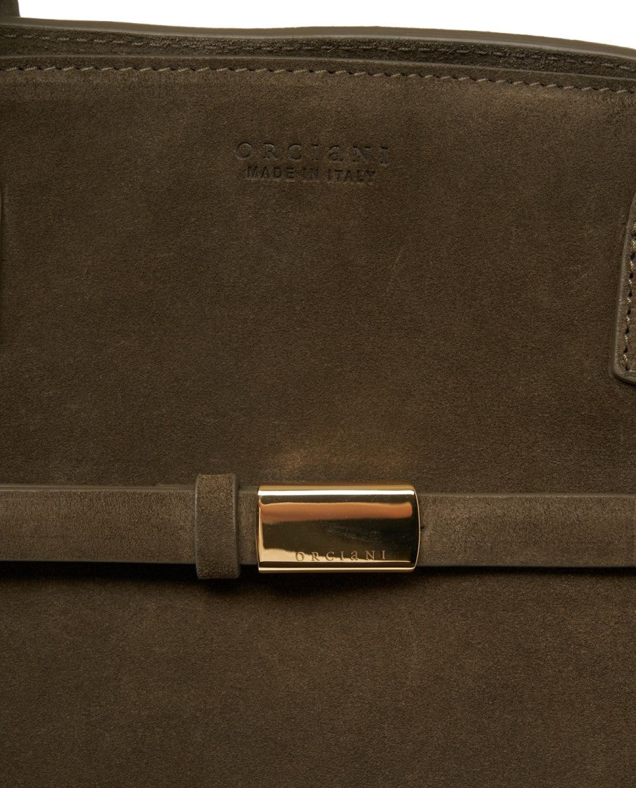 Orciani Suede Handbag With Decorative Gold Buckle And Structured Design