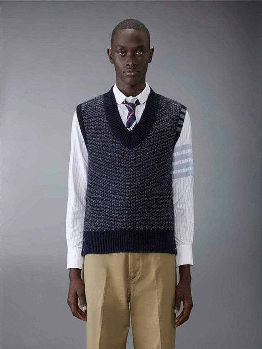 Thom Browne Textured Knit Vest With Deep V-Neckline