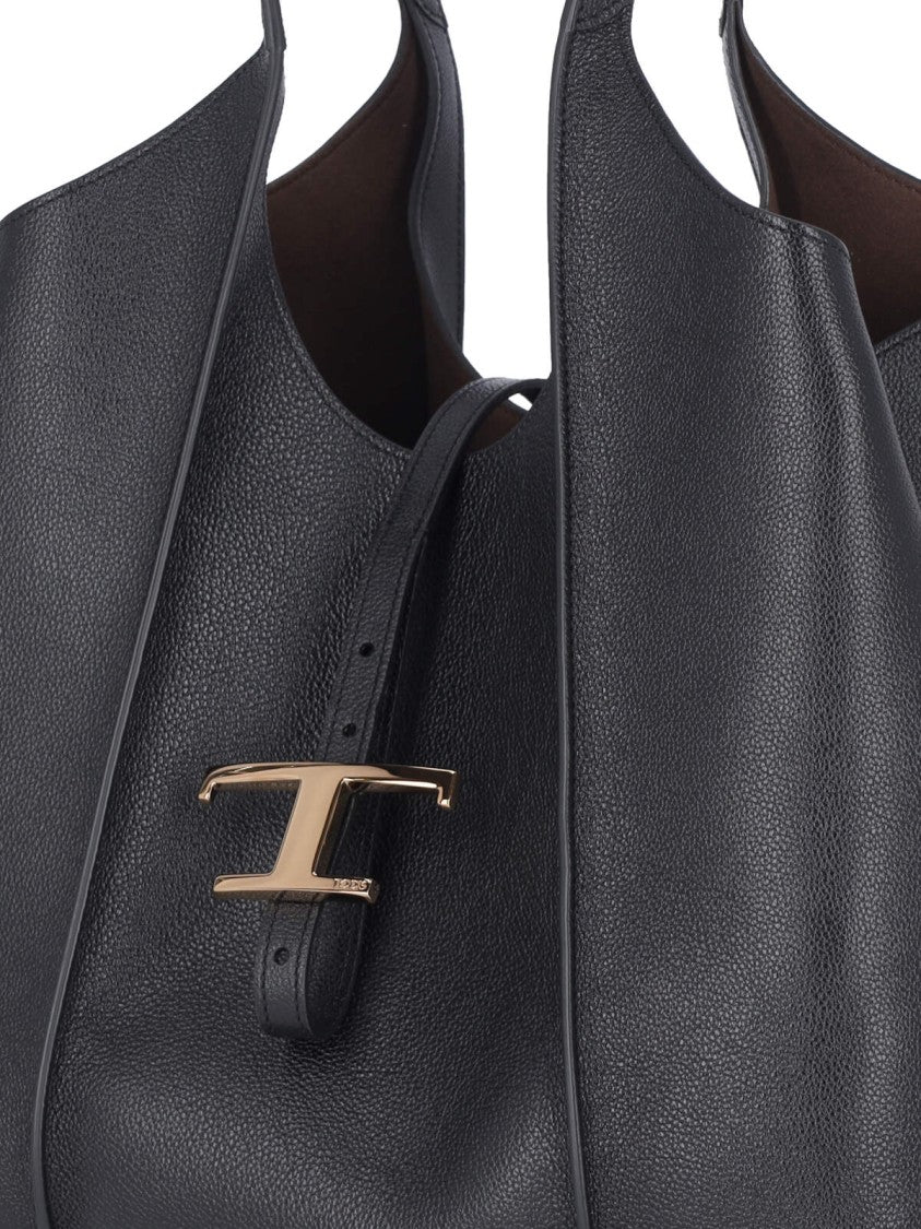 Tod's Black T Timeless Hammered Leather Tote Bag