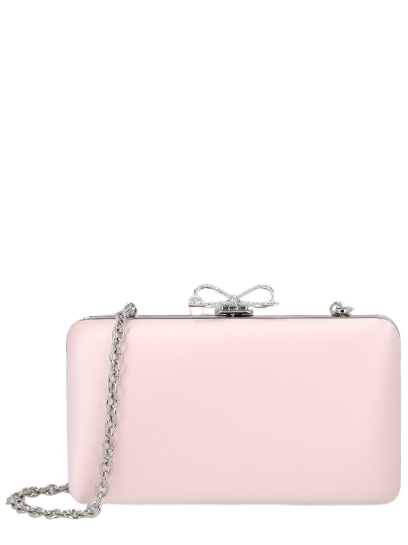Self-Portrait Rectangular Pink Clutch With Bow Clasp And Chain Strap