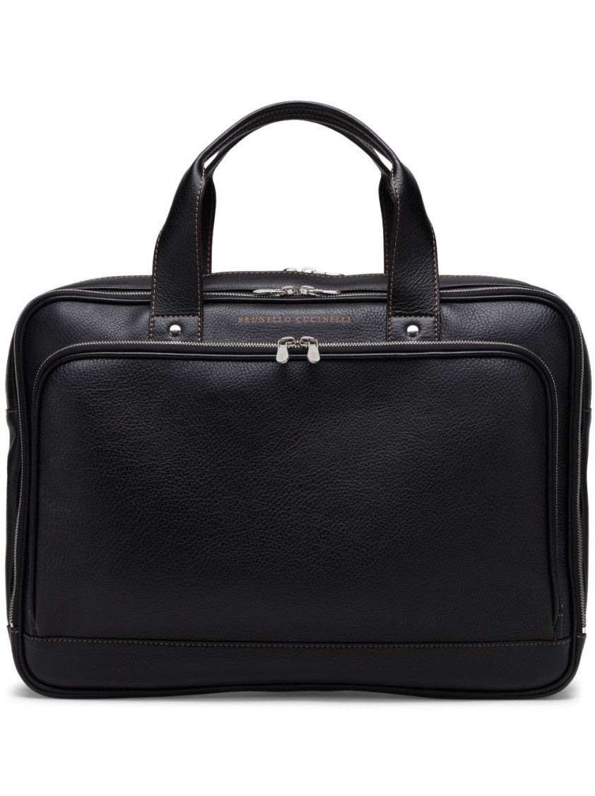 Brunello Cucinelli Structured Black Briefcase With Textured Leather