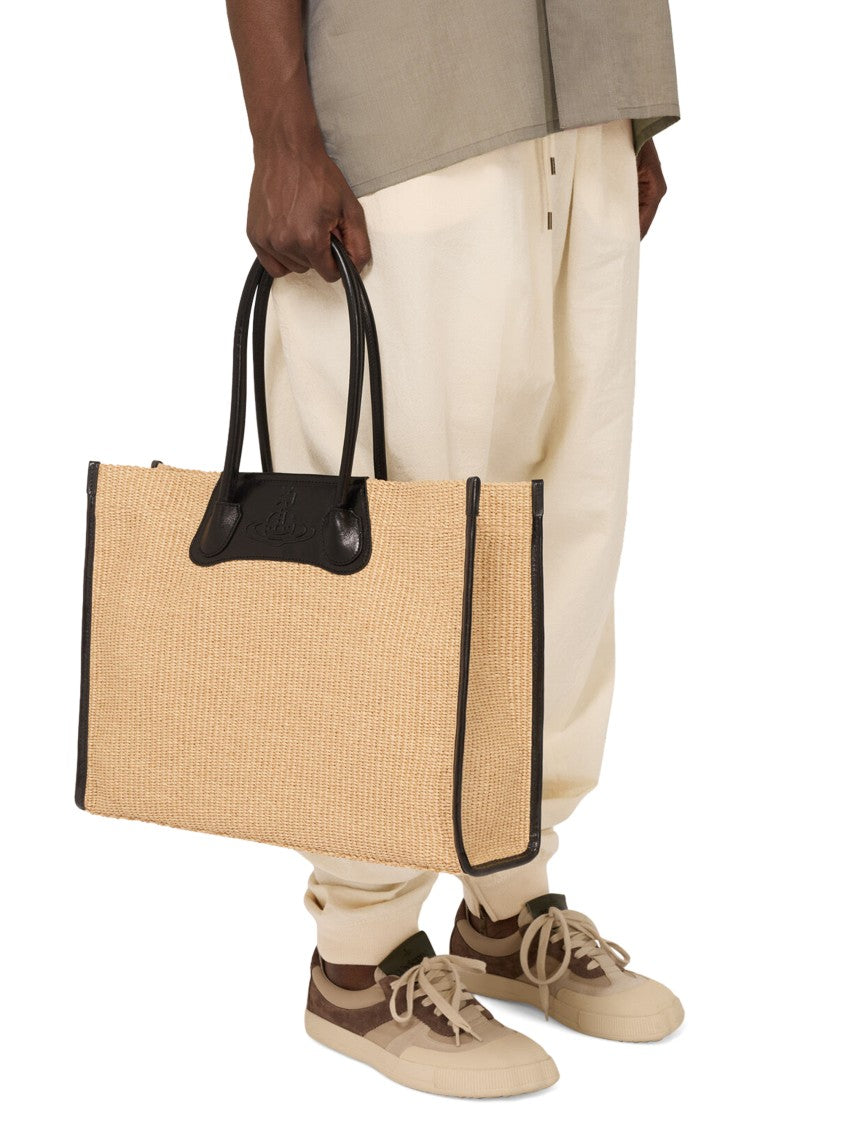 Vivienne Westwood Rectangular Woven Tote Bag With Black Leather Accents