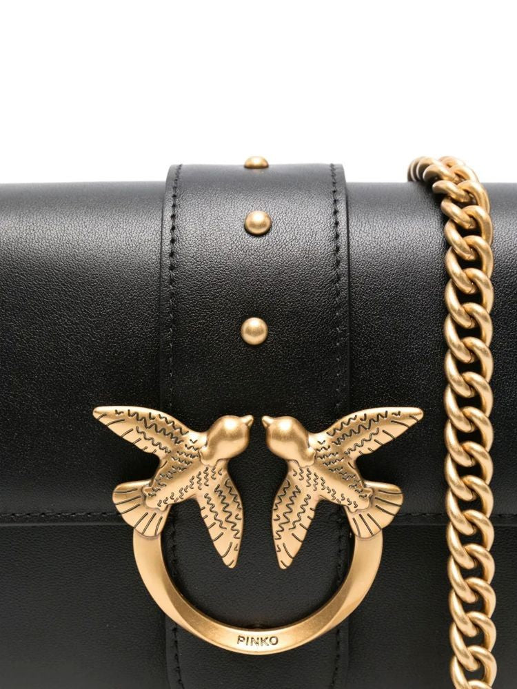 Pinko Structured Black Cow Leather Shoulder Bag With Gold Accents