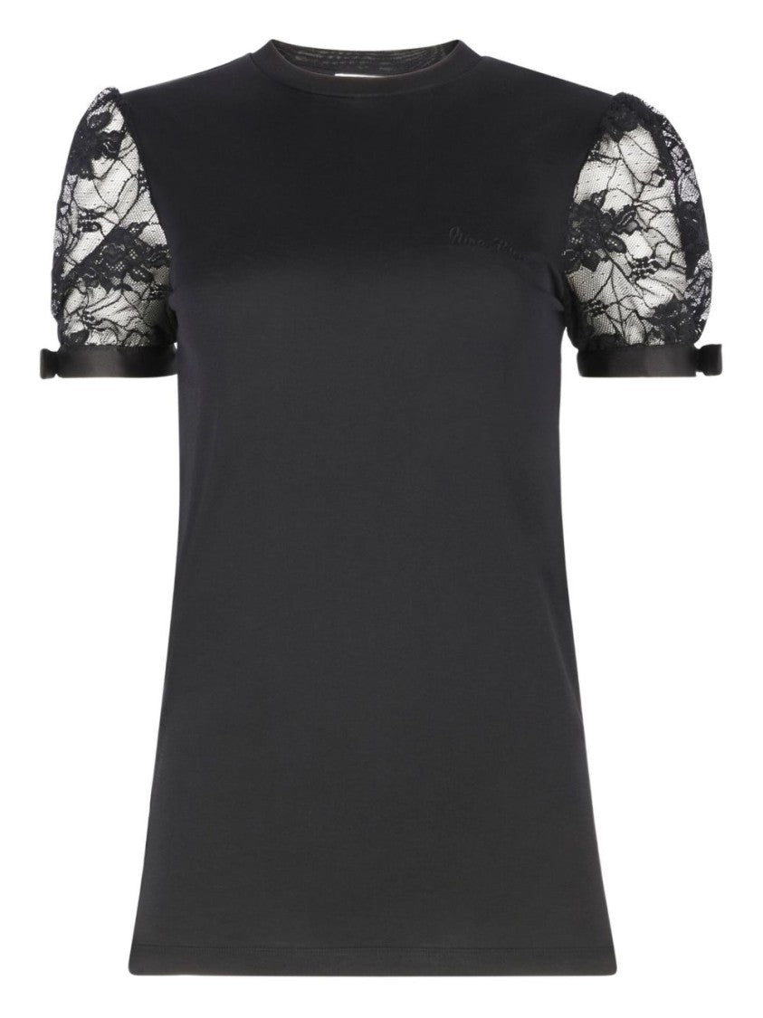 Nina Ricci Short-Sleeved Top With Lace Sleeves And Bow Details