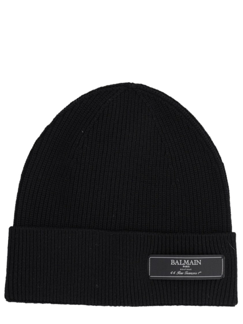 Balmain Ribbed Knit Rectangular Patch Logo Wool Beanie