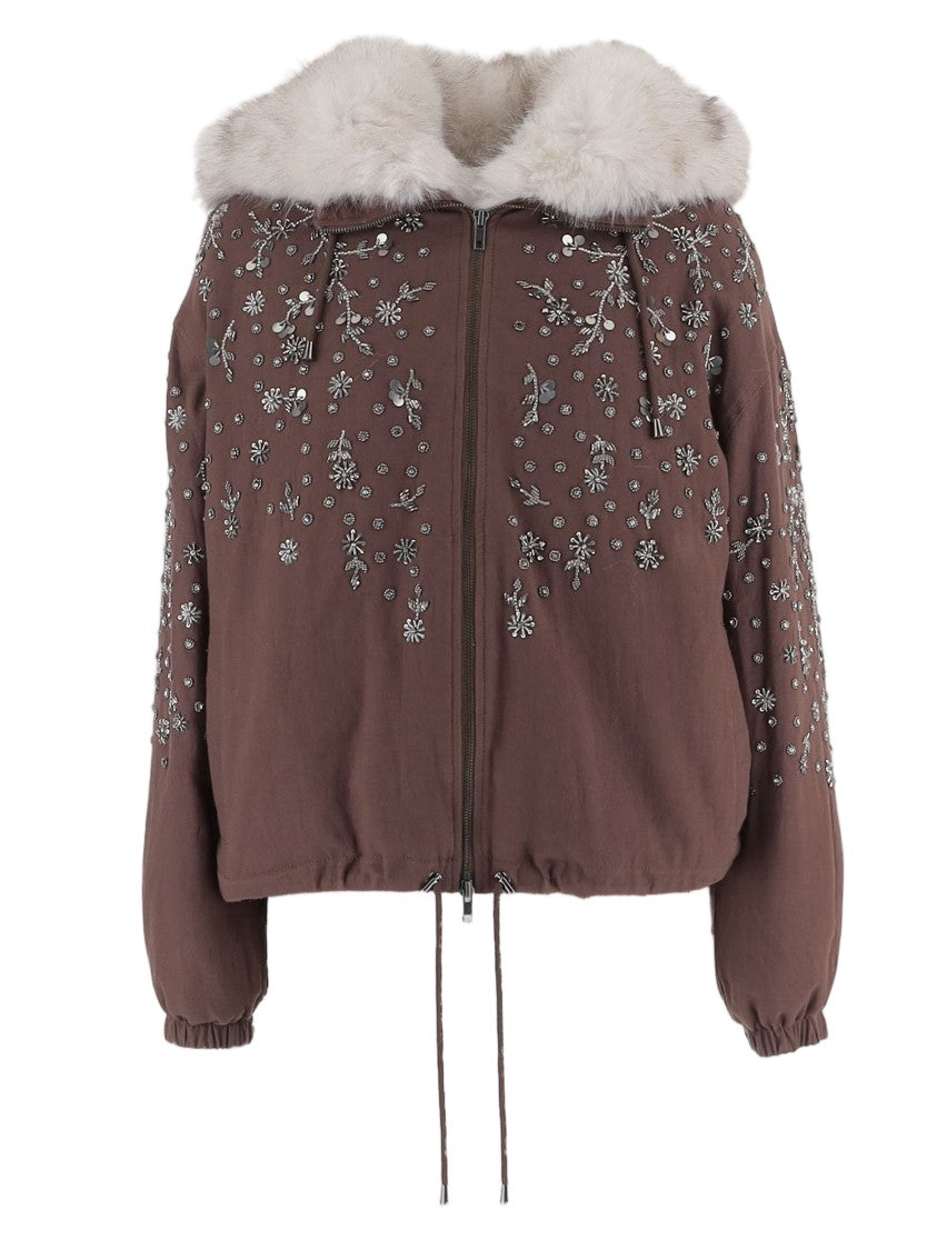 Novelle Brown Floral Embroidered Hooded Cotton Jacket