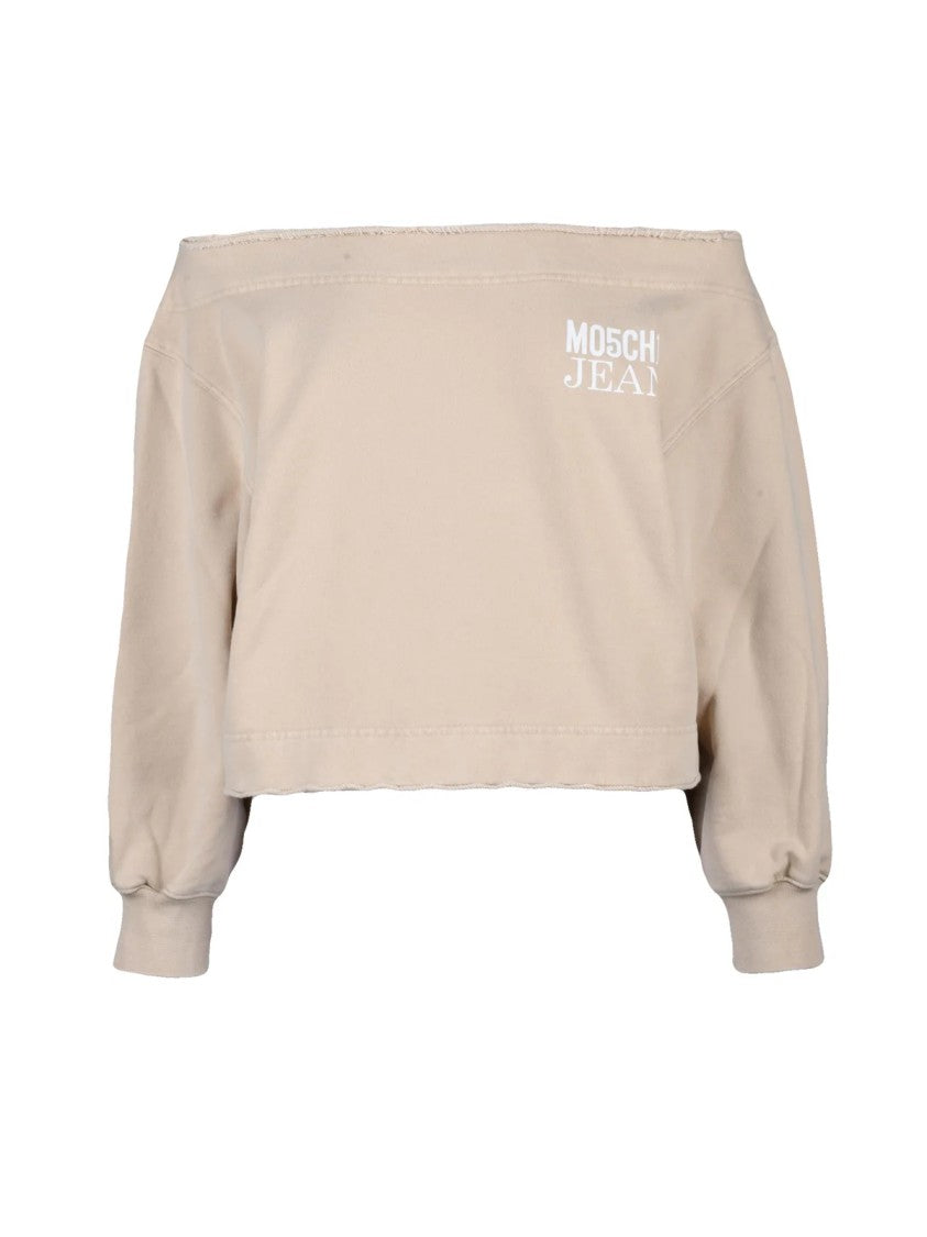 Mo5ch1no Jeans Beige Cropped Puffed-Sleeve Cotton Sweatshirt