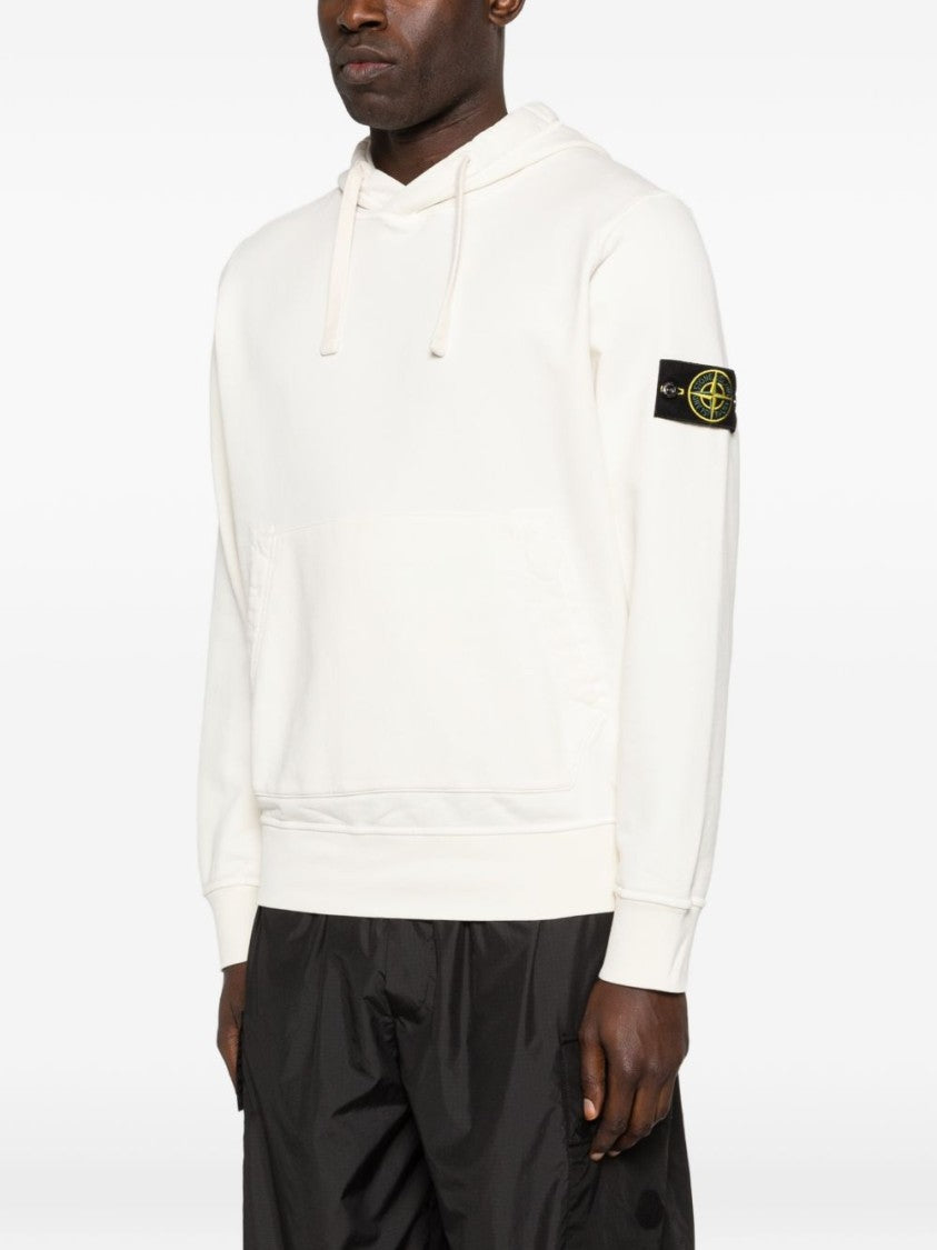 Stone Island Ivory Cotton Sweatshirt With Drawstring Hood And Iconic Patch