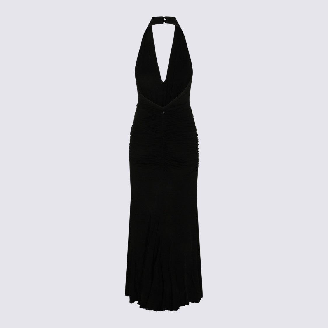 Blumarine Plunging Halter Neck Black Maxi Dress With Ruched Detailing