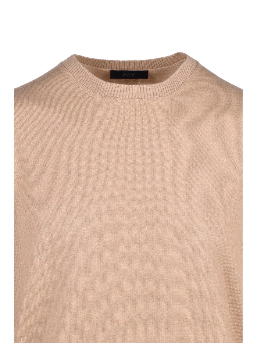 Fay Beige Ribbed Detail Virgin Wool Crewneck Sweater