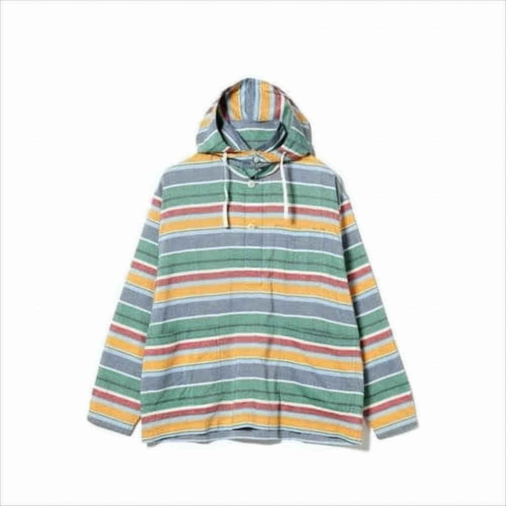 Nigel Cabourn Striped Hooded Shirt With Button-Up Front And Chest Pocket