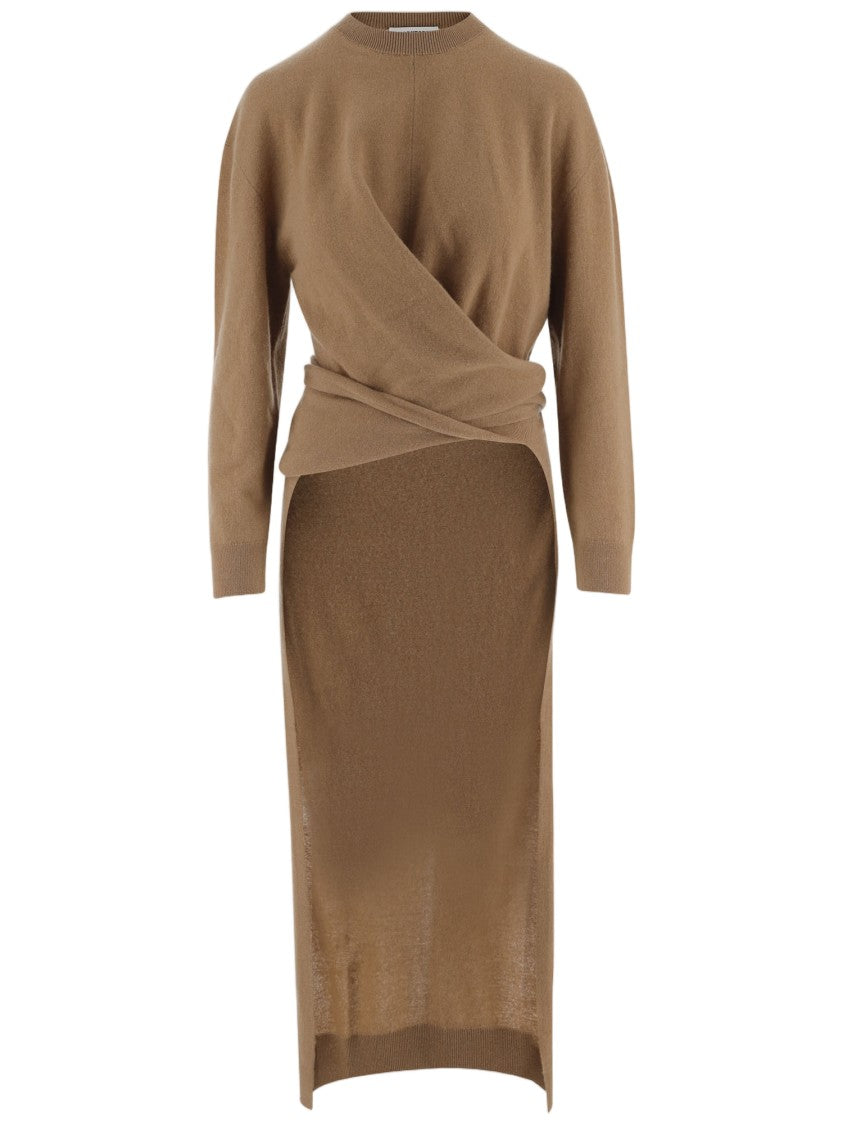 Darkpark Light Brown Draped Wool Cashmere-Blend Midi Dress