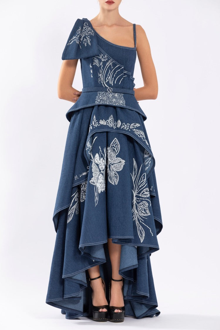 Saiid Kobeisy Denim Dress With Floral Embroidery