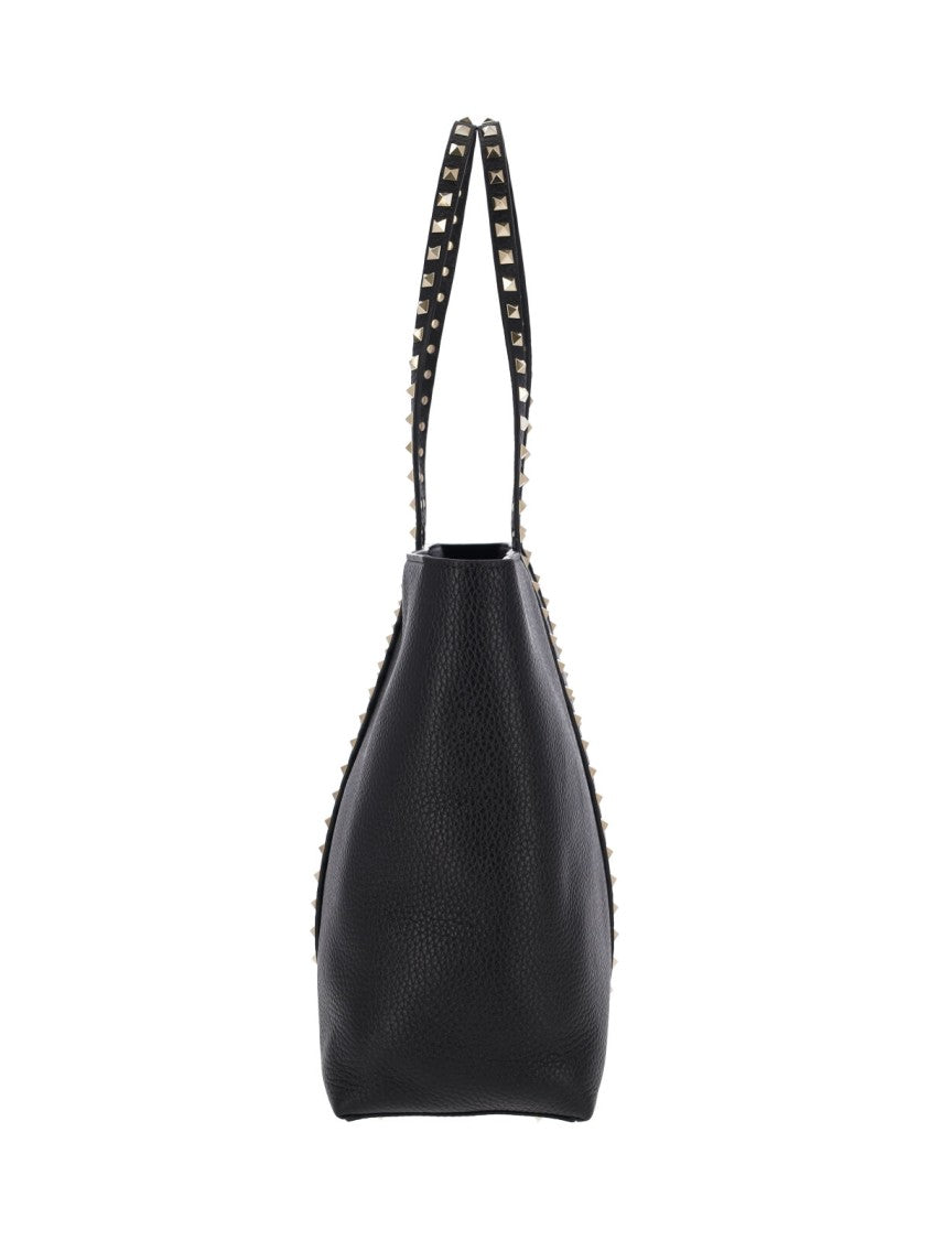 Valentino Garavani Black Rockstud Textured Leather Tote