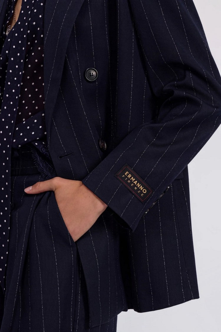 Ermanno Navy Pinstripe Double-Breasted Polyester-Blend Blazer