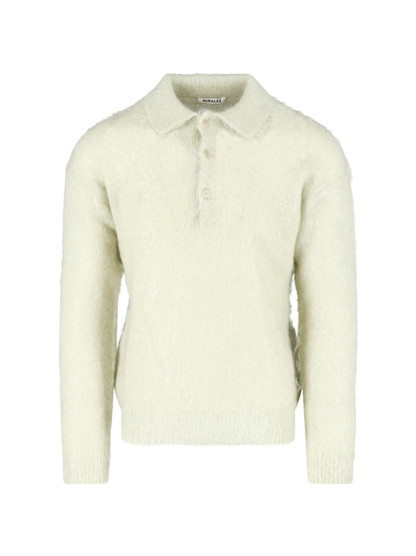 Auralee Green Textured Knit Ribbed Polo Shirt