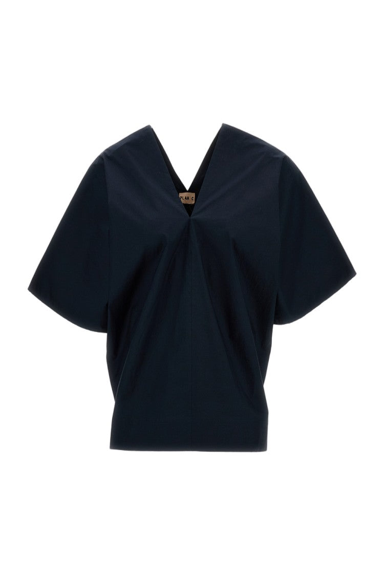 Plan C V-Neck Cotton Top With Wide Short Sleeves
