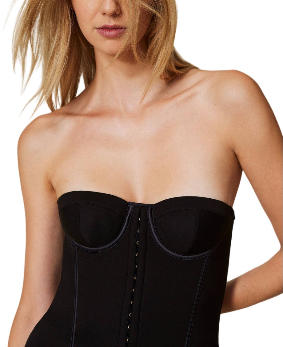Twinset U&B Black Punto Milano Satin-Trim Bustier Longuette Dress