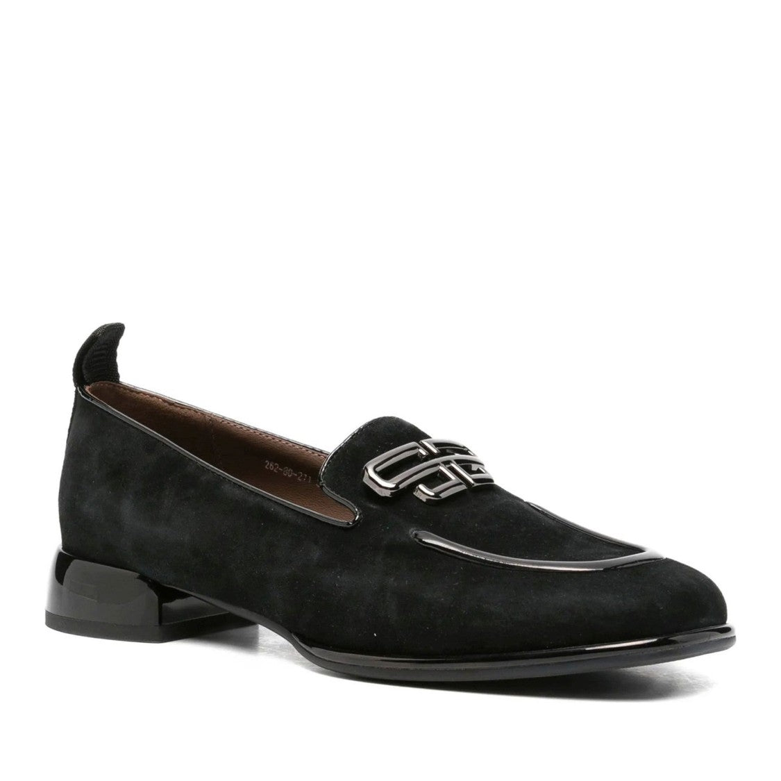 Linda Baumann Black Sleek Metallic Emblem Closed-Toe Leather Dress Flats