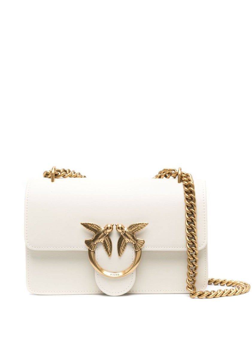 Pinko Structured White Shoulder Bag With Gold-Tone Bird Embellishment
