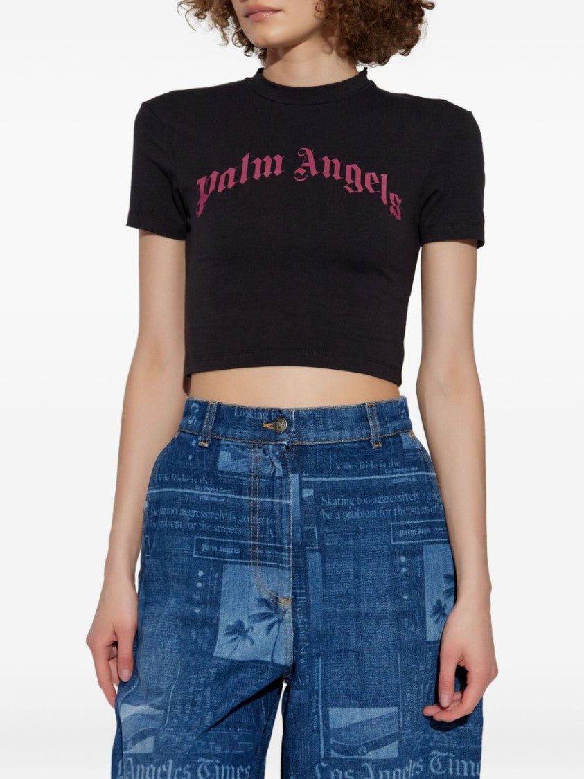 Palm Angels Cropped T-Shirt With Gothic Fuchsia Print