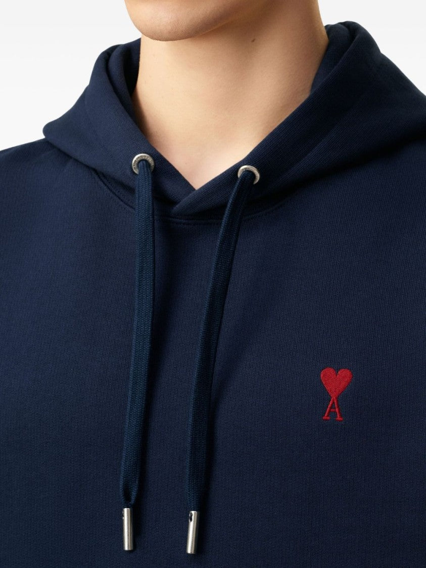 Ami Navy Blue Cotton Jersey Hoodie With Signature Monogram