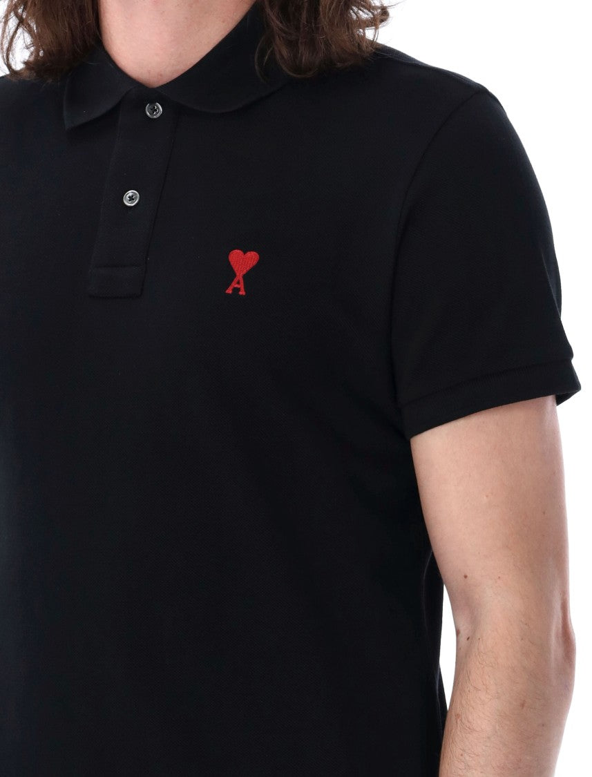 Ami Paris Classic Black Polo Shirt With Iconic Heart Logo