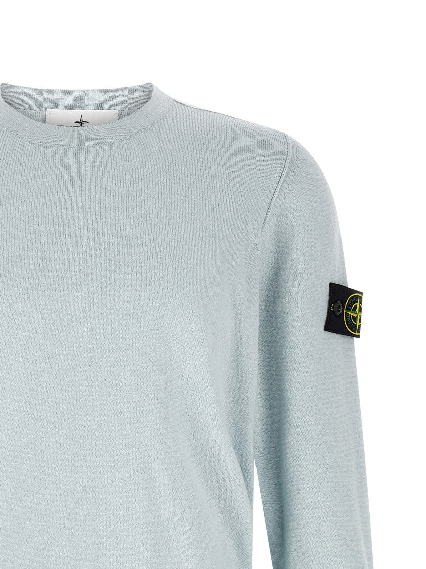 Stone Island Minimalist Blue Knit Sweater With Logo Badge Application