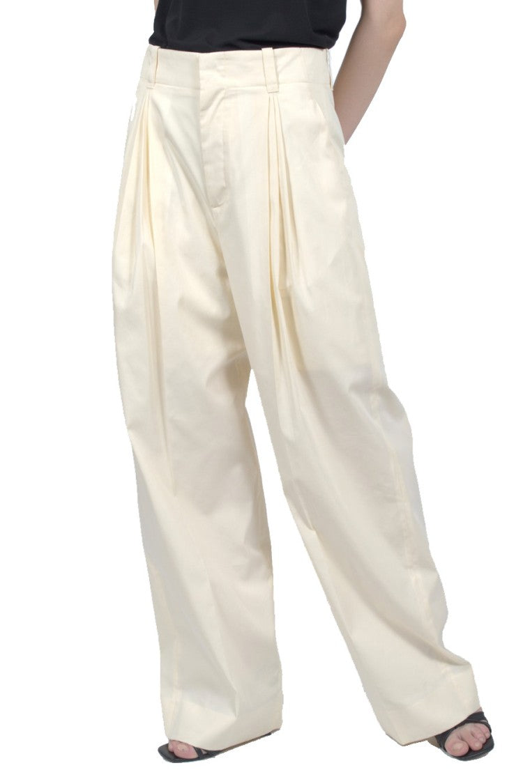 Bottega Veneta Ivory Cotton-Silk Blend Pleated Trousers