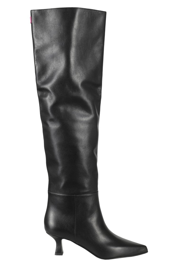 3Juin Knee-High Black Leather Boot With Fuchsia Accents