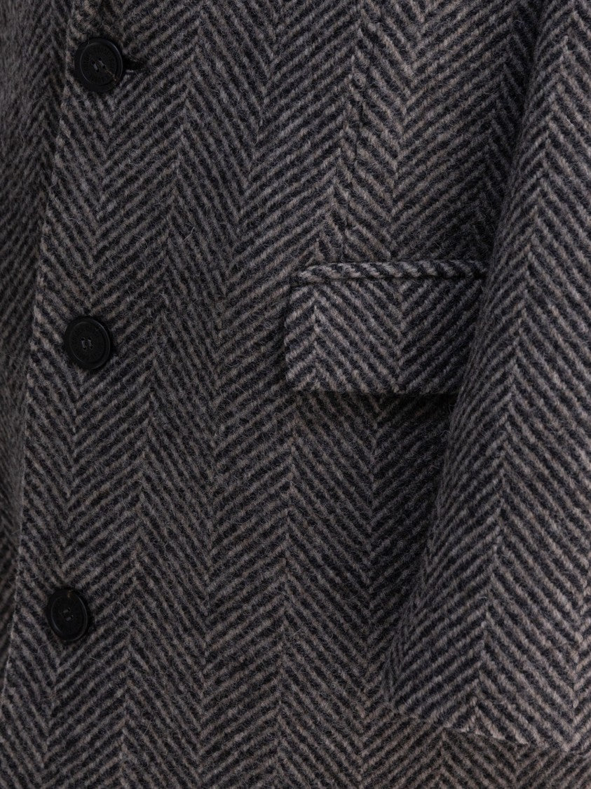 Golden Goose Single-Breasted Herringbone Coat With Notched Lapel