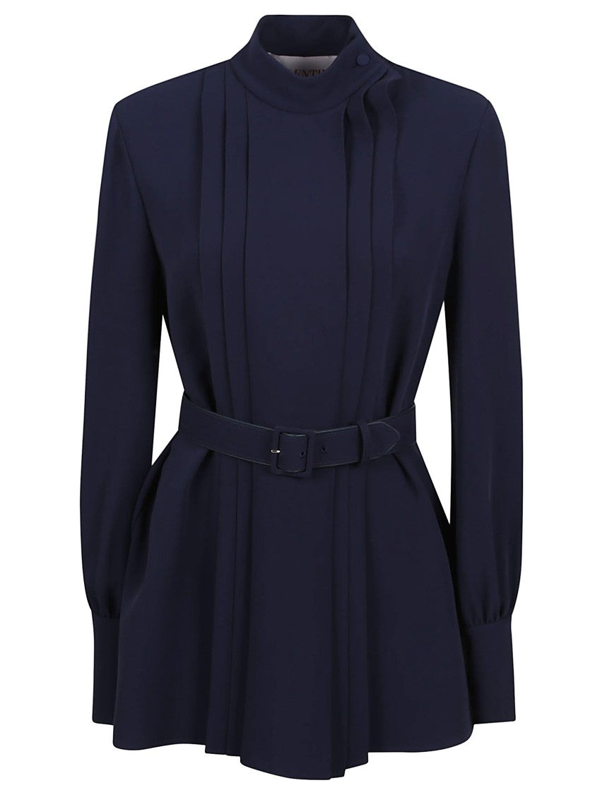 Valentino Dark Blue Silk Shirt With Stand-Up Collar
