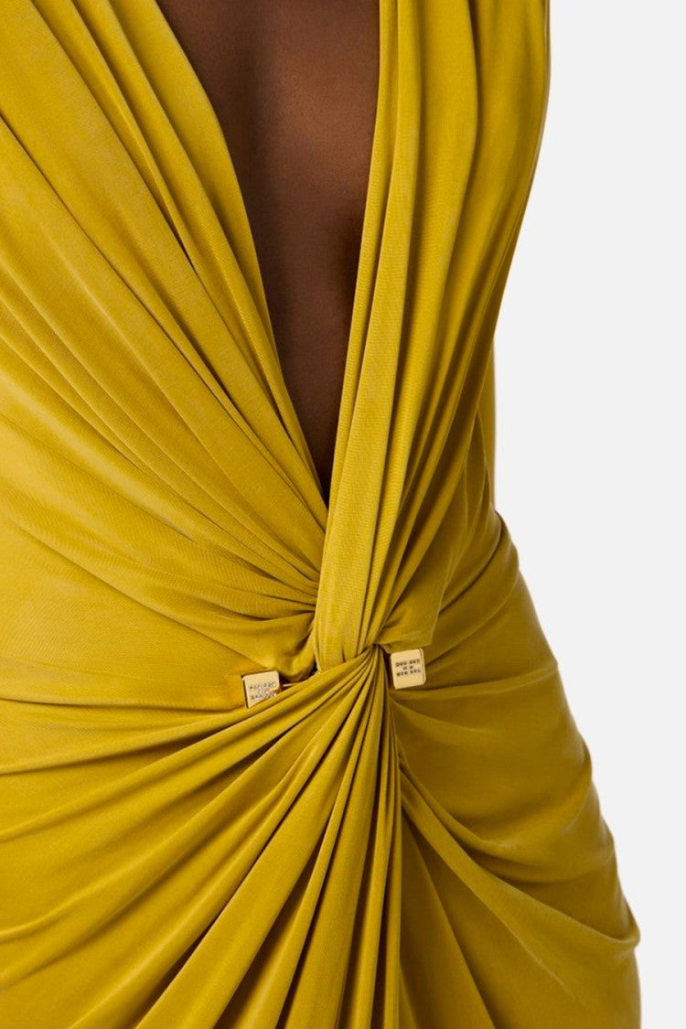 Elisabetta Franchi Draped Yellow Evening Dress With Deep V-Neckline