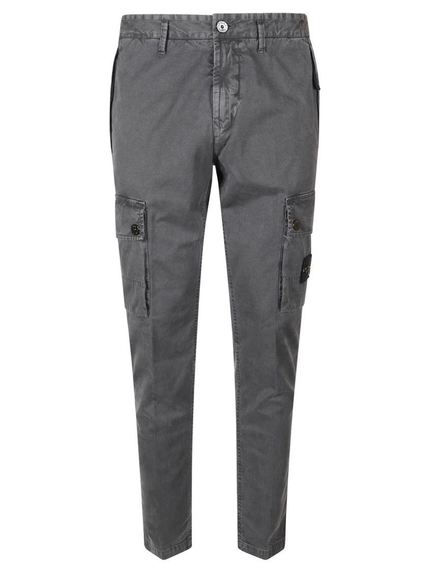 Stone Island Slim Fit Grey Trousers With Cargo Pockets And Logo Detailing