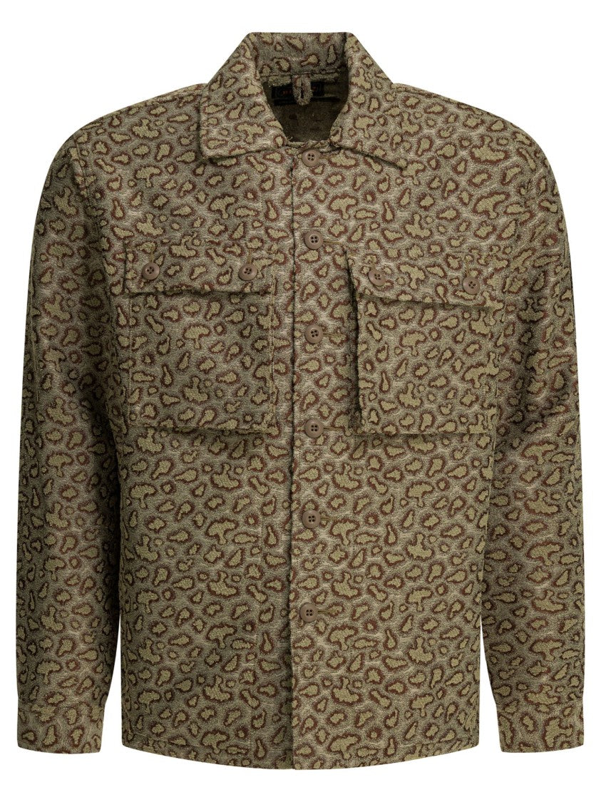 Beams Plus Boxy Beige Jacket With Abstract Leopard Print And Button-Up Closure