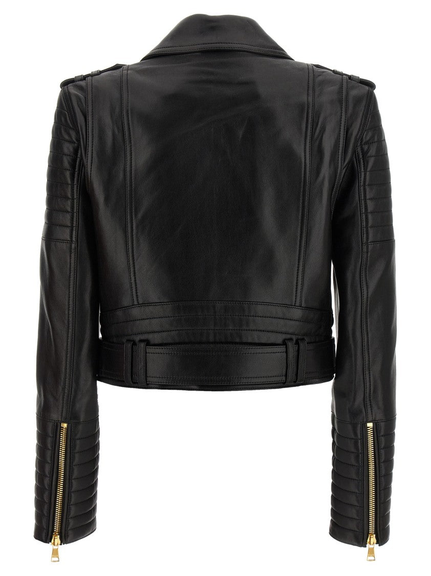 Balmain Biker Crop Leather Jacket With Zip Detail