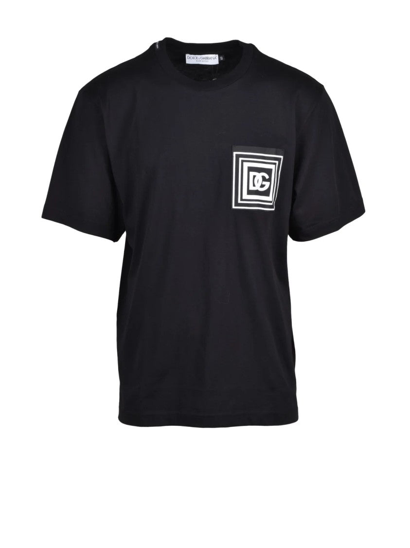 Dolce & Gabbana Black Geometric Logo Patch Cotton T-Shirt