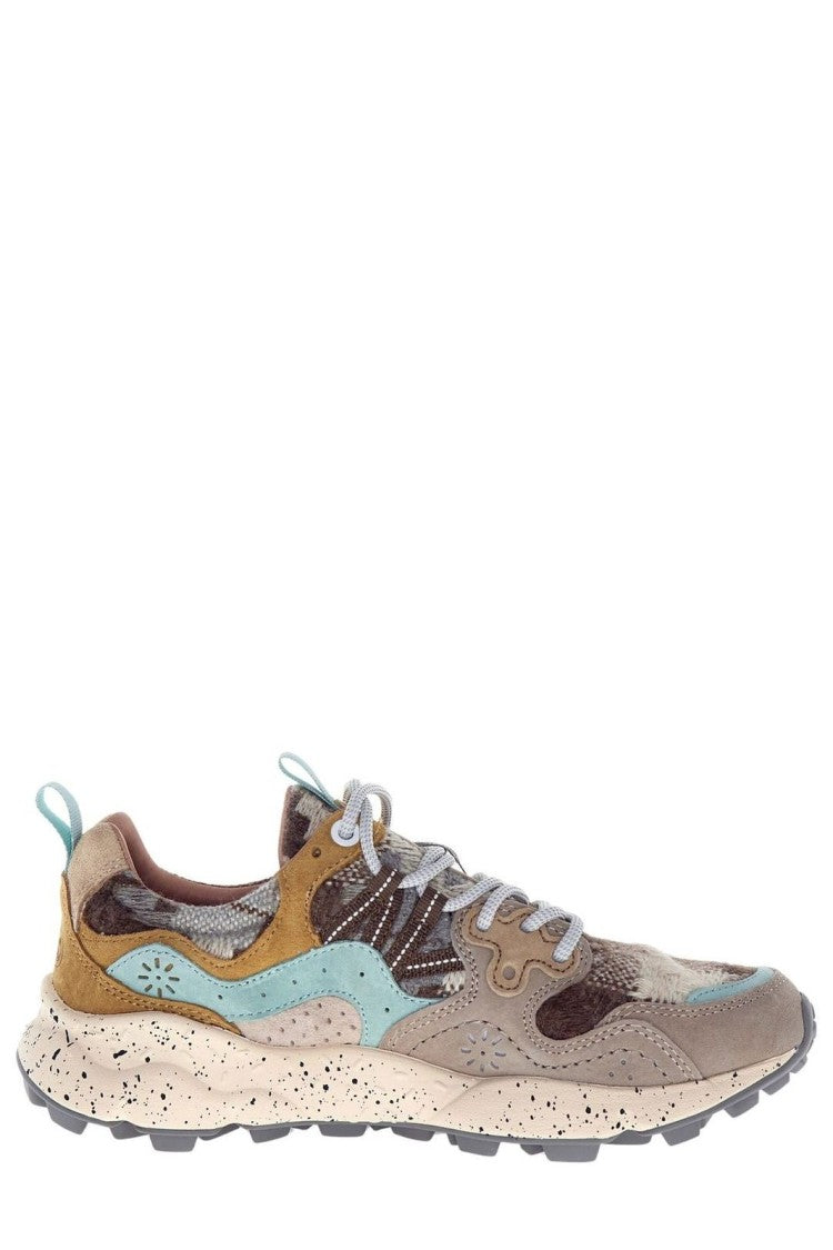 Flower Mountain Checkered Beige Sneakers With Suede Accents