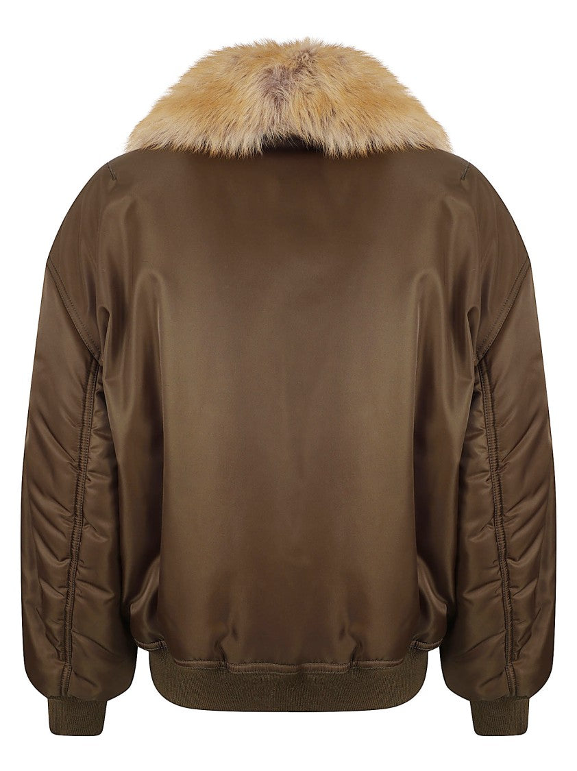 Saint Laurent Short Coat With Plush Fur Collar And Ribbed Details