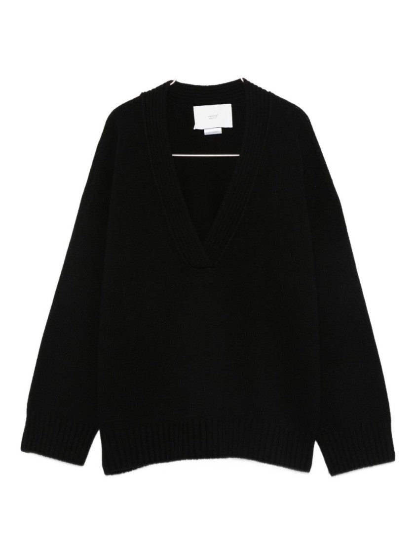 Vanisé Deep V-Neck Black Sweater With Ribbed Details