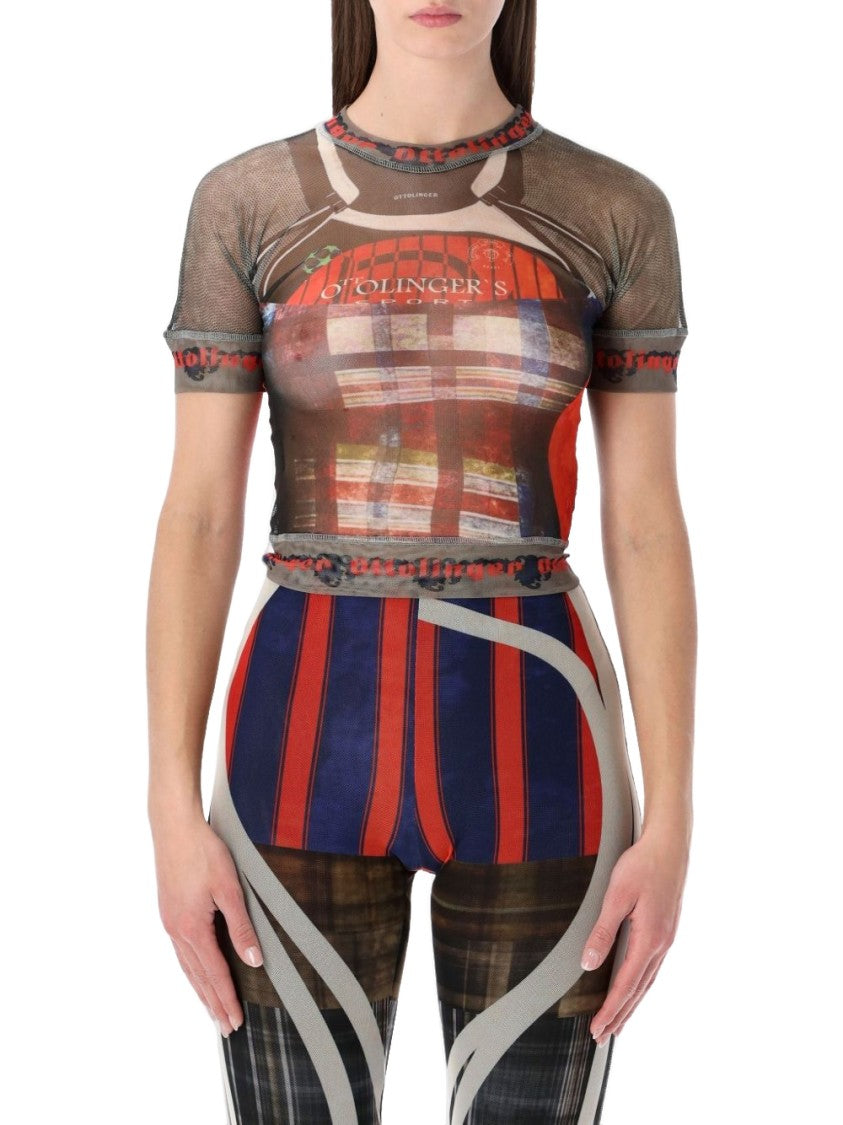 Ottolinger Crew Neck Short-Sleeved Top In Printed Recycled Mesh