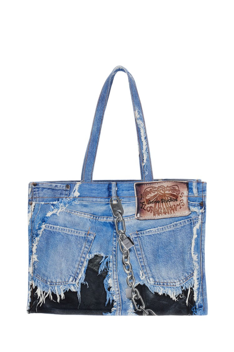 Acne Studios Distressed Denim Frayed Chain Accent Tote Bag