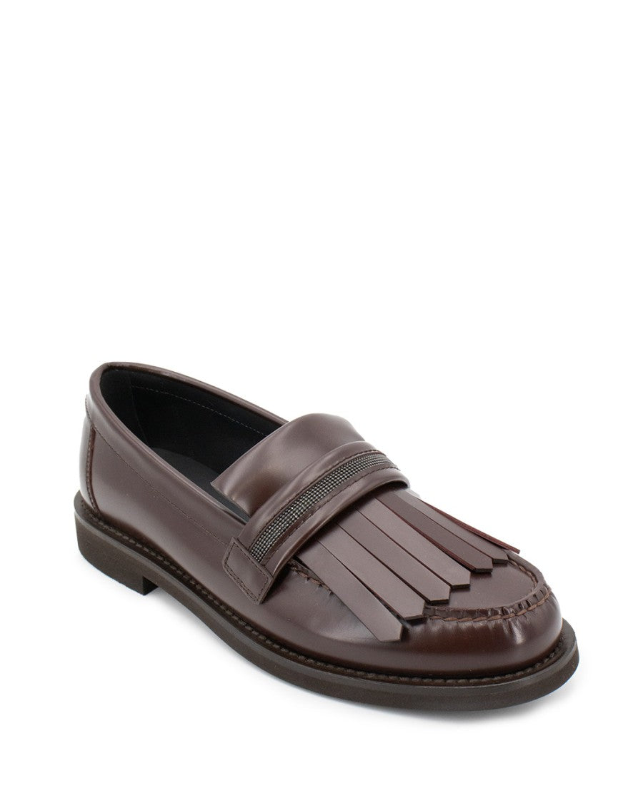Brunello Cucinelli Burgundy Leather Moccasins With Decorative Fringe Detail