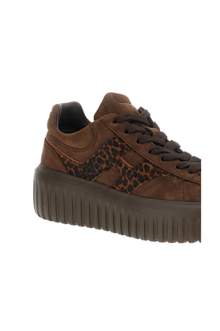 Hogan Dark Brown H-Stripes Suede Pony-Hair Sneakers