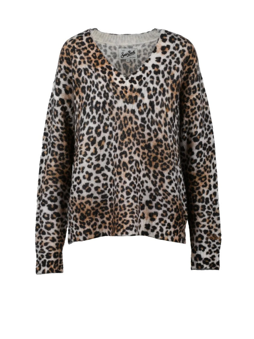 Mc2 Saint Barth Leopard Print V-Neck Sweater With Mohair Blend